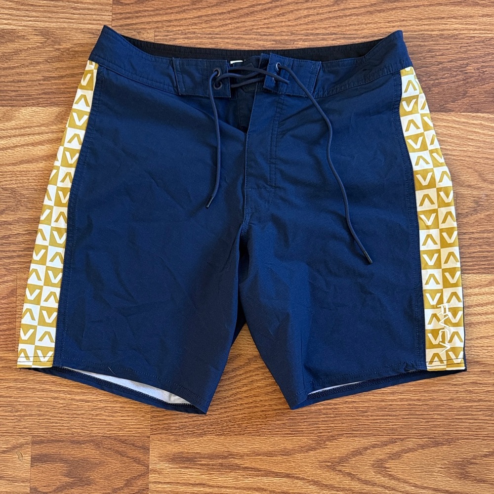 RVCA Navy Board Shorts with Gold Pattern